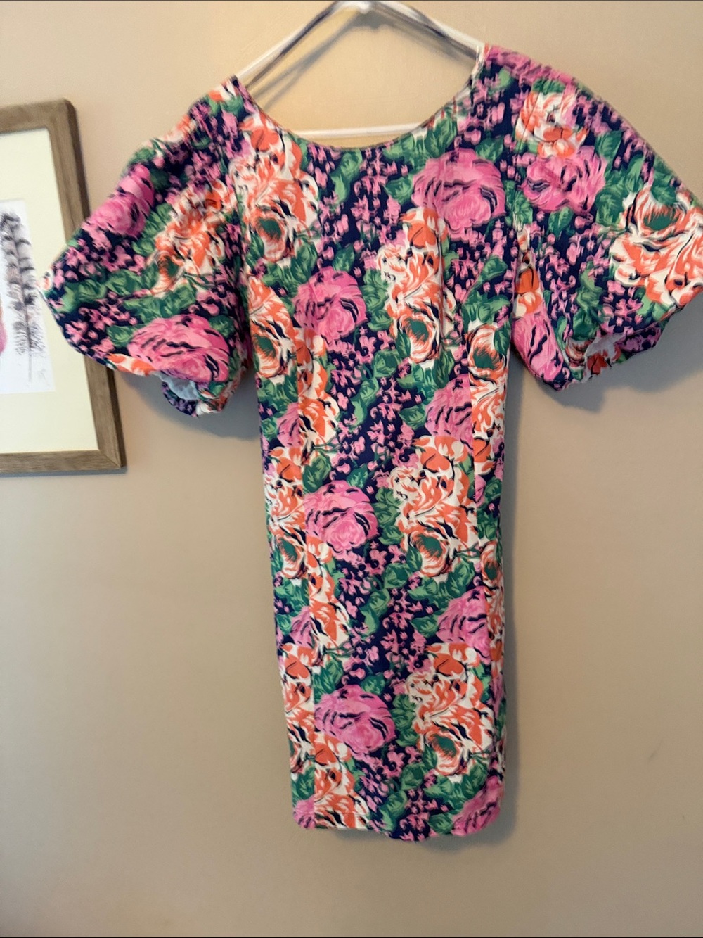 MELLODAY Floral Puff-Sleeve Short Dress in Pink, Green & Orange